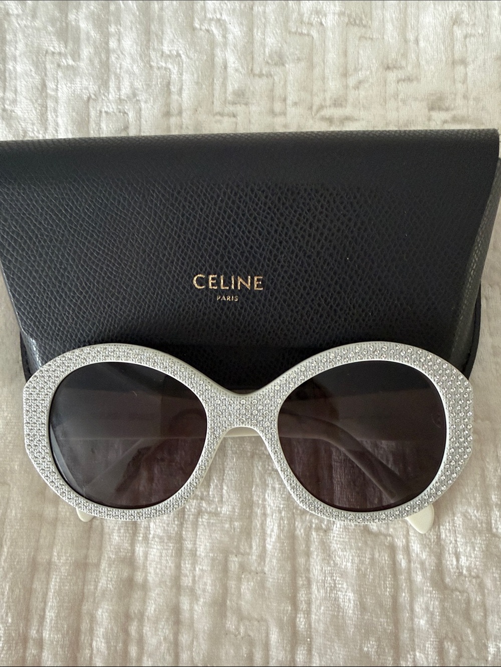 Celine White Crystal-Trim Round Sunglasses with Dark Lenses